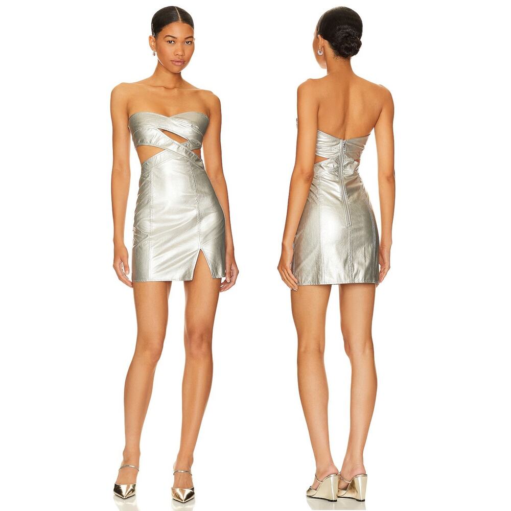 H:ours Athena Mini Dress Metallic Faux Leather Cutout Sexy Y2K Party Holidays M